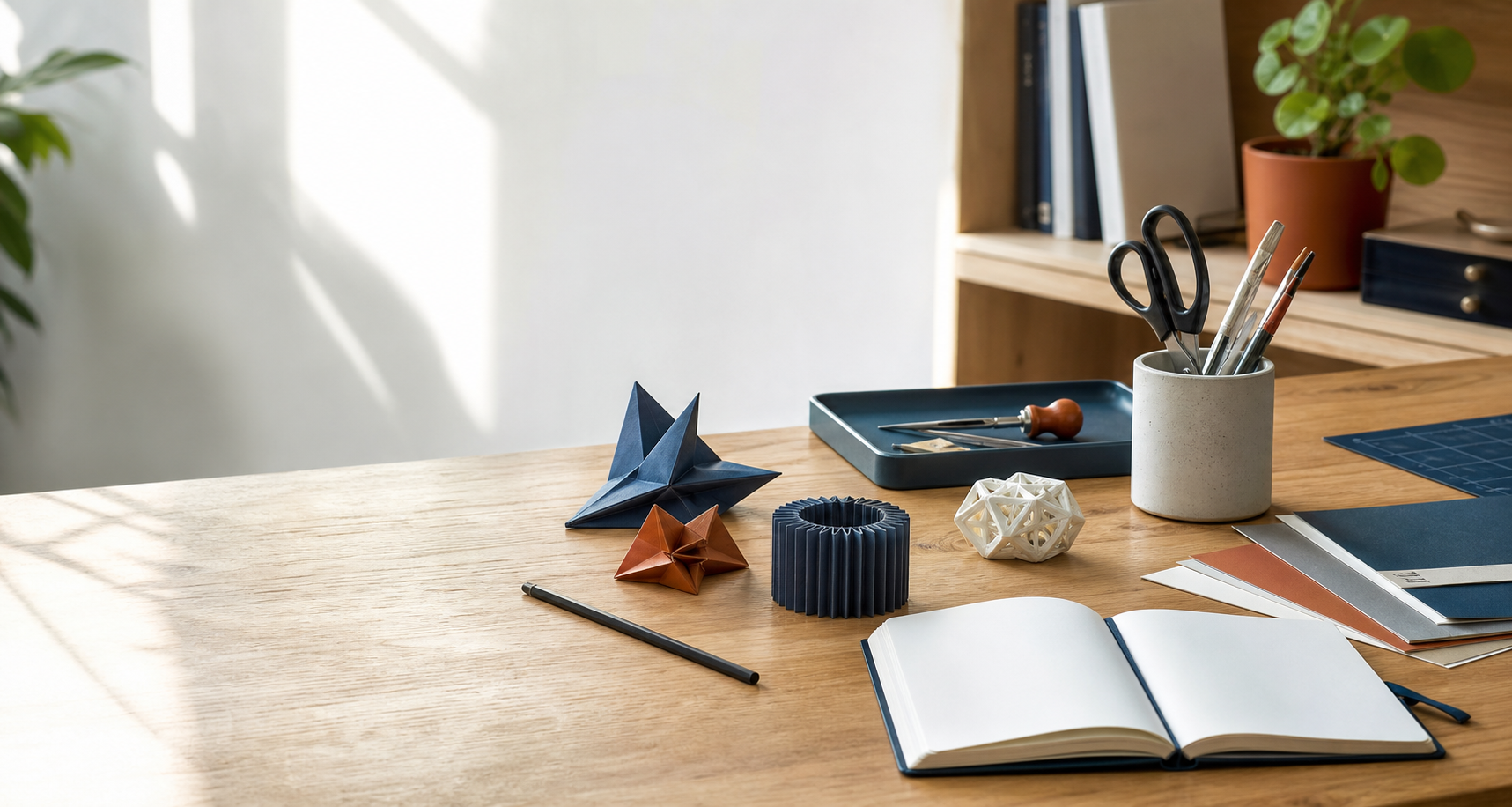 Plan de travail créatif avec papier plié, objet imprimé en 3D et outils